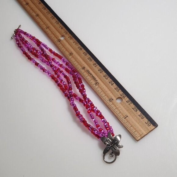 Beaded Bracelet Vintage Red Pink Glass Silver Flower Clasp Handmade Jewelry - Picture 5 of 5